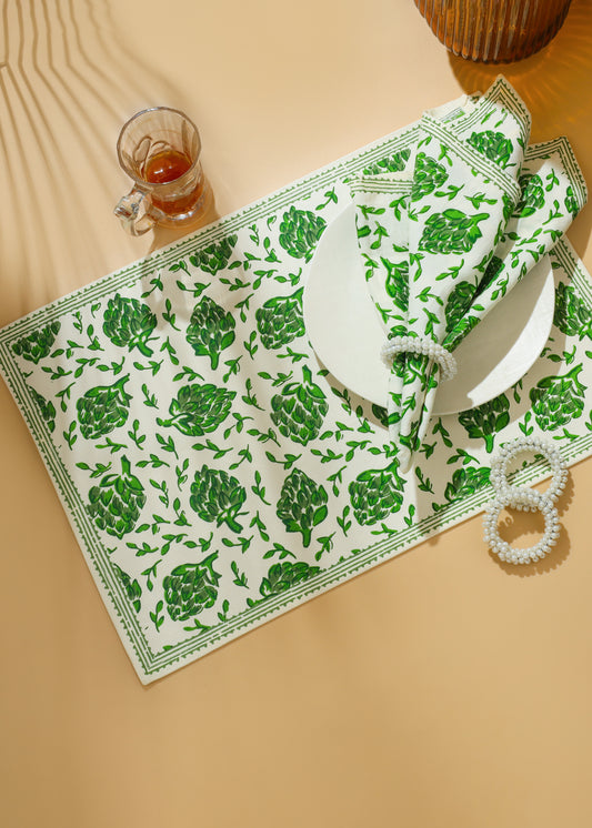 Green Artichoke Bliss Block Print Cotton Placemats tiramisuusa