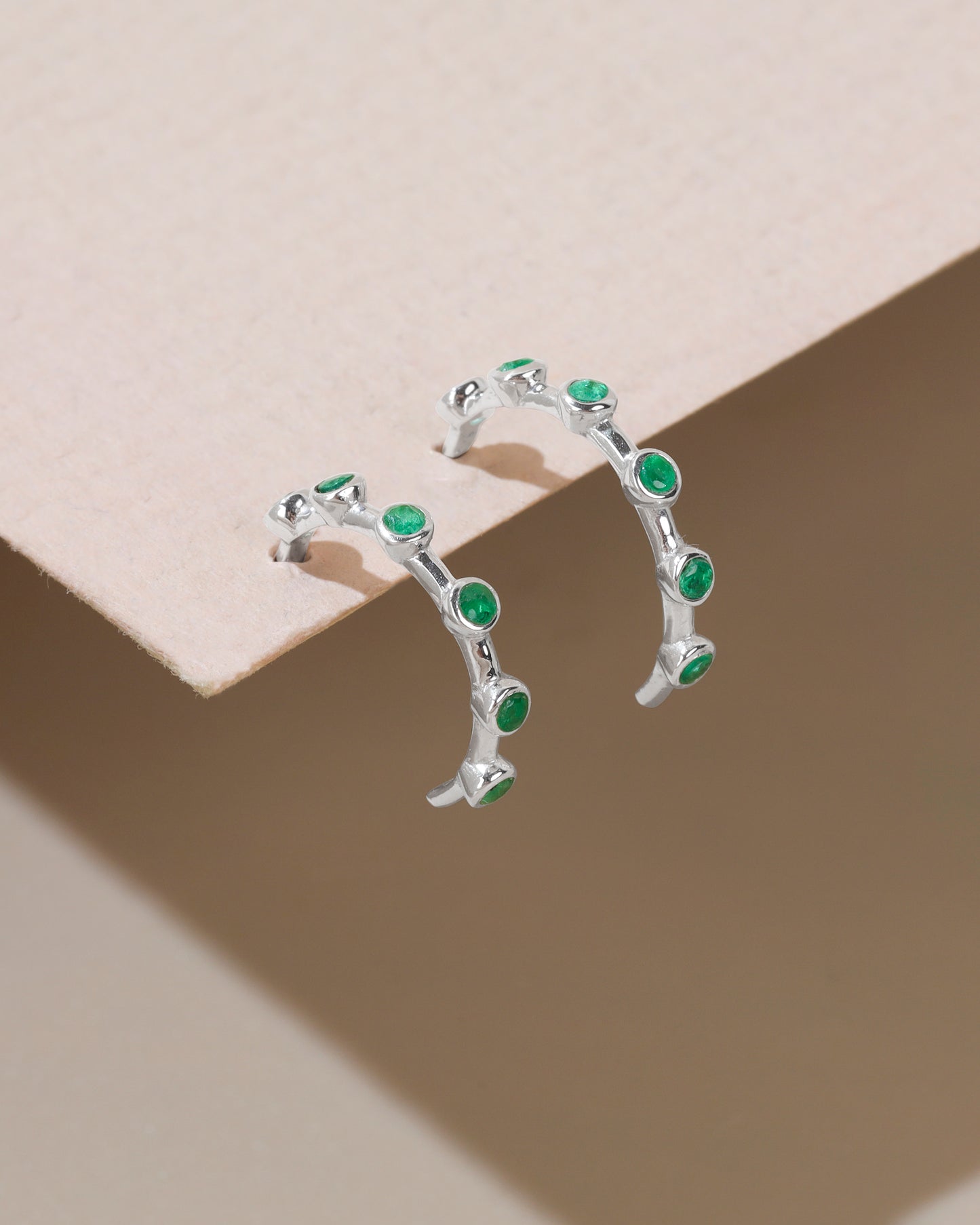 14k White Gold Zambian Emerald Gemstone Hoops tiramisuusa