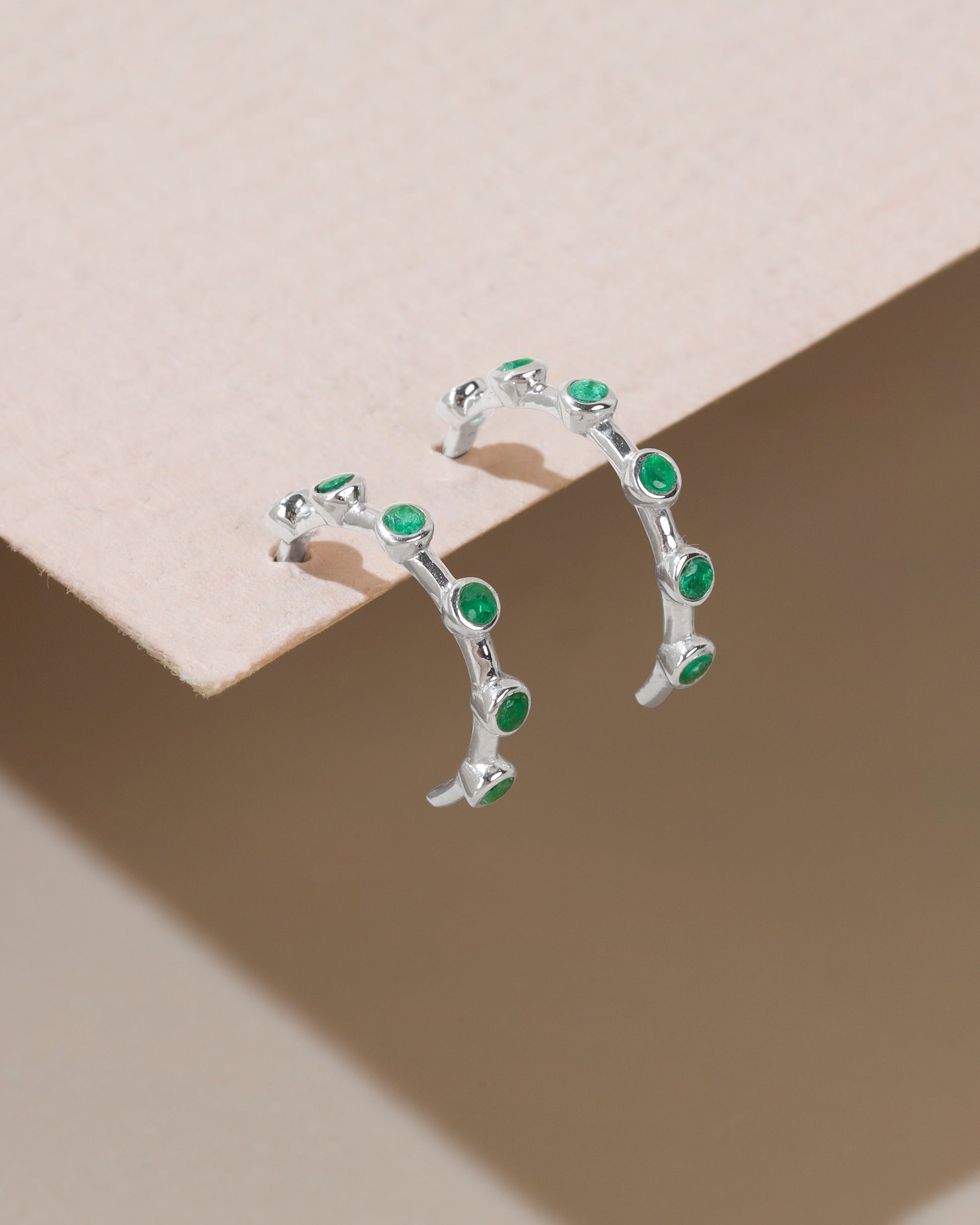 14k White Gold Zambian Emerald Gemstone Hoops tiramisuusa
