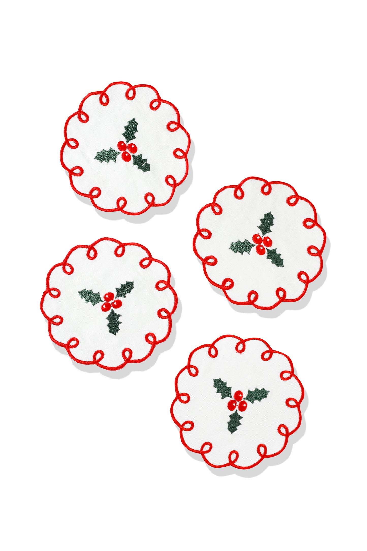Holly Berry Charm Embroidered Cocktail Napkins – Set of 4