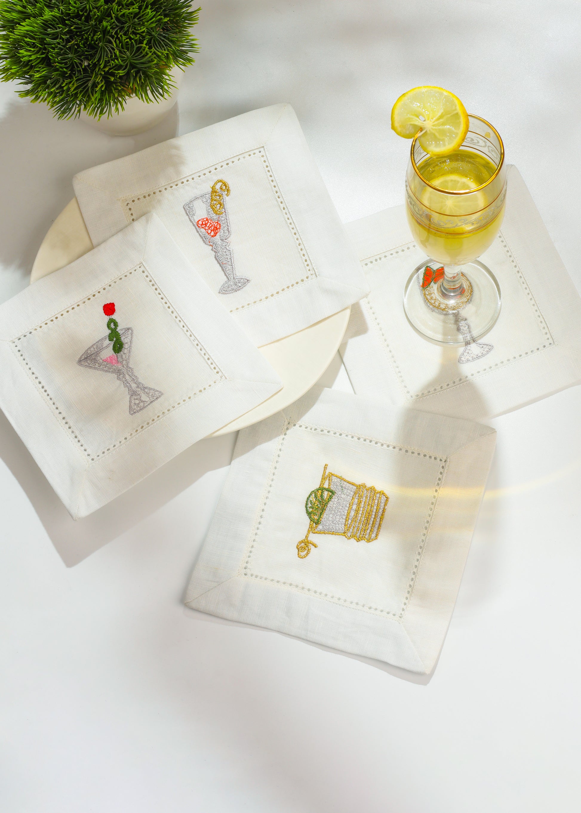 Stemware Stitched Embroidered Cocktail Napkins tiramisuusa