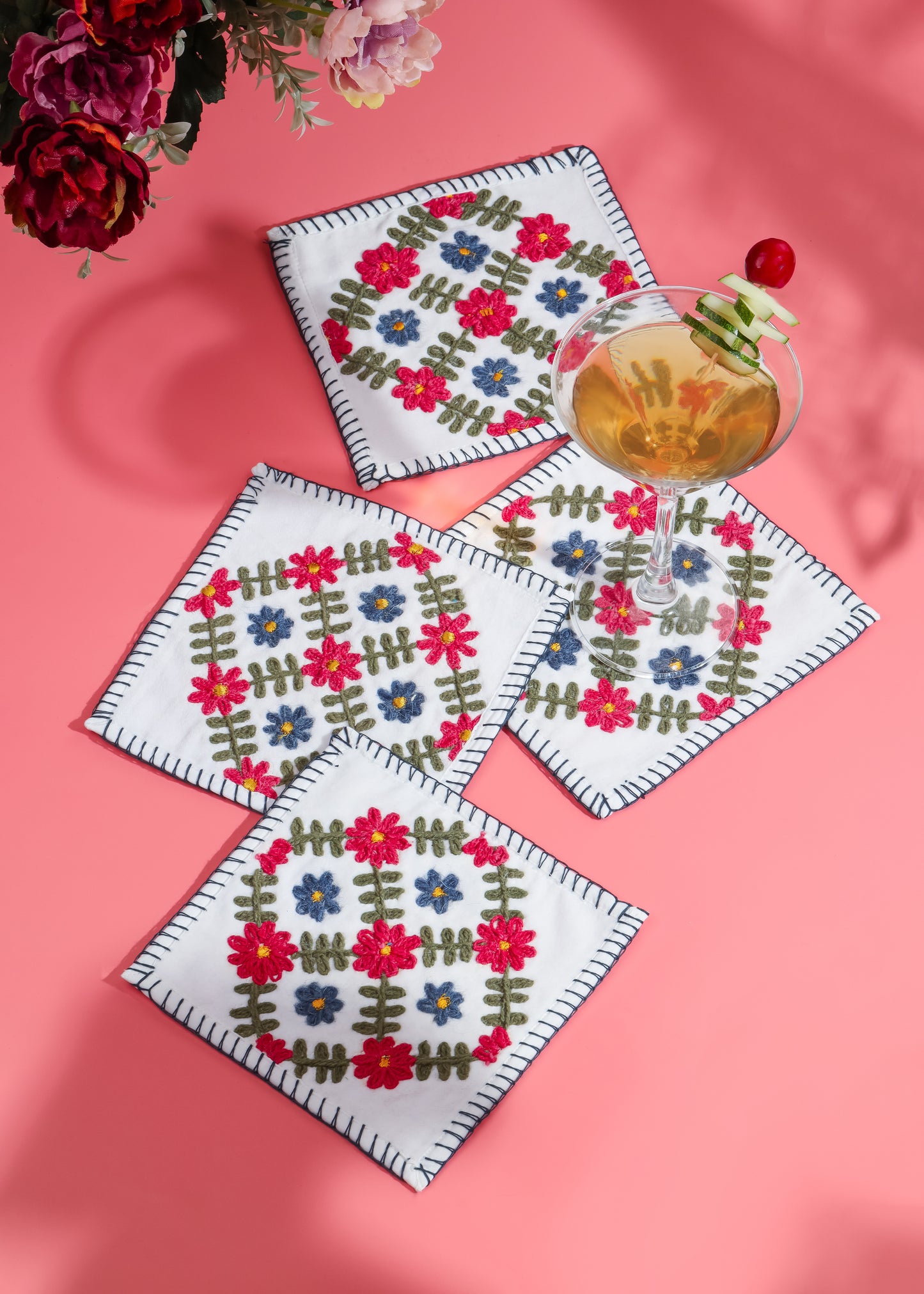 Verdant Bloom Hand-Embroidered Cocktail Napkins