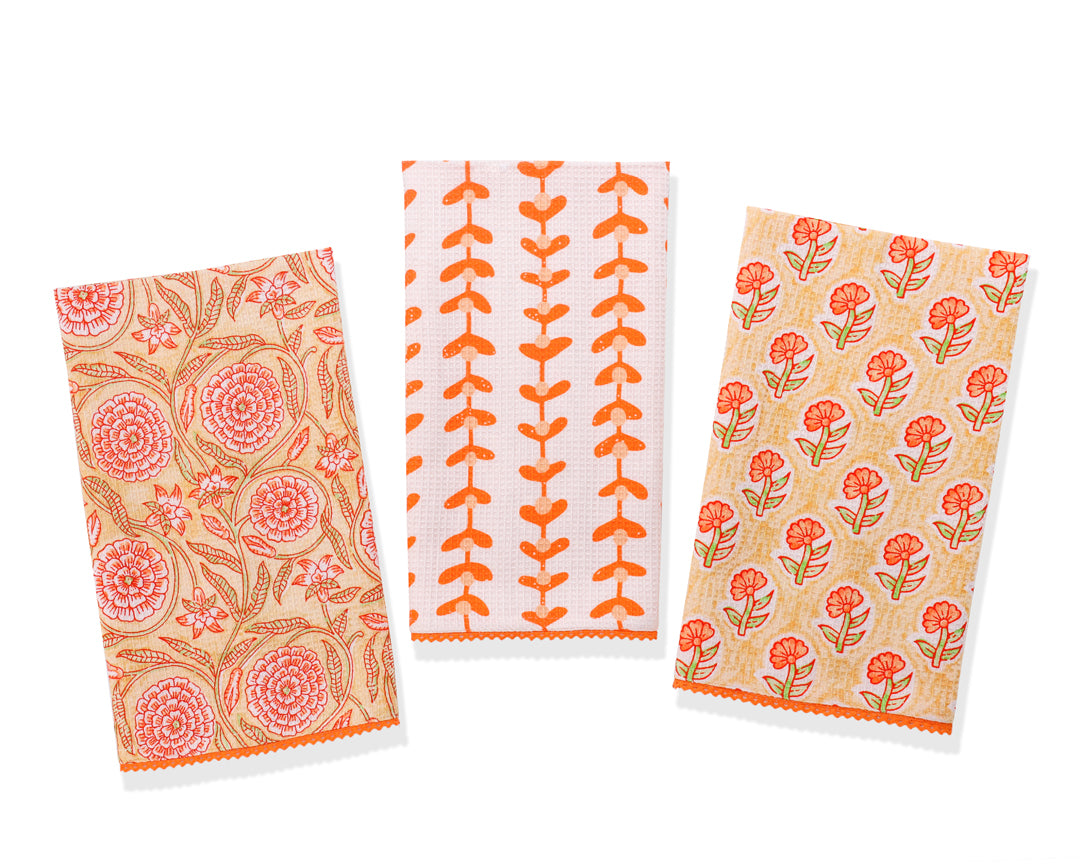 Marigold Block Print Cotton Kitchen Towel Set