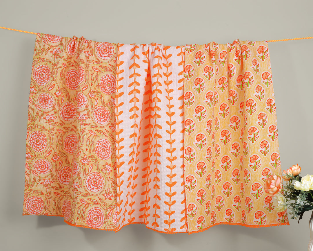 Marigold Block Print Cotton Kitchen Towel Set