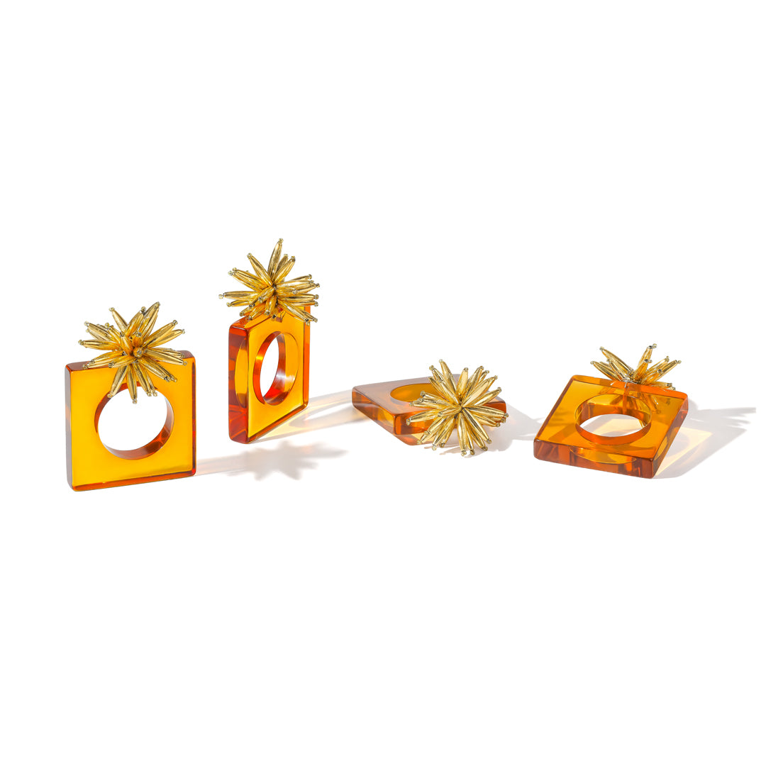 Amber Resin & Golden Urchin Napkin Rings (Set of 4)