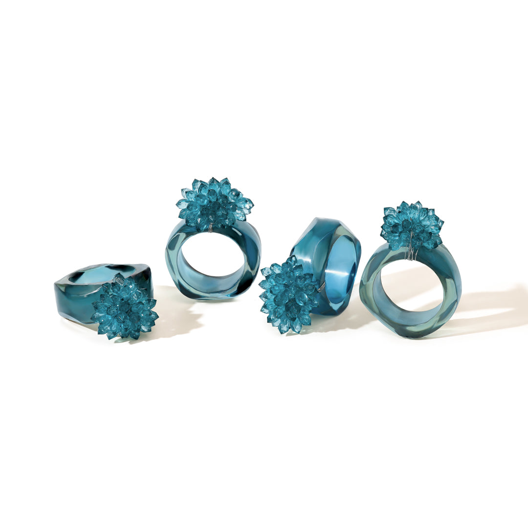Azure Resin & Crystal Bloom Napkin Rings (Set of 4)