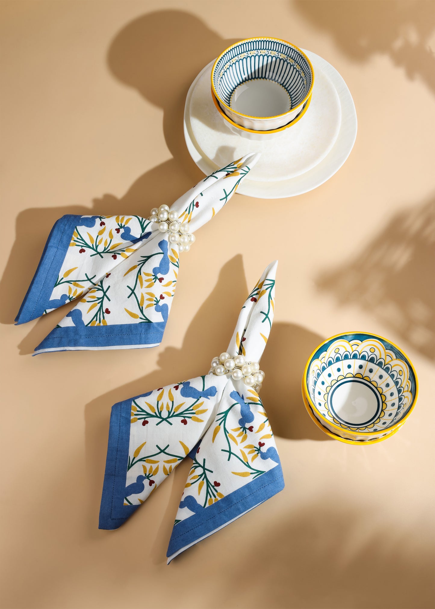 Bluebird Blooms Block Print Cotton Napkins