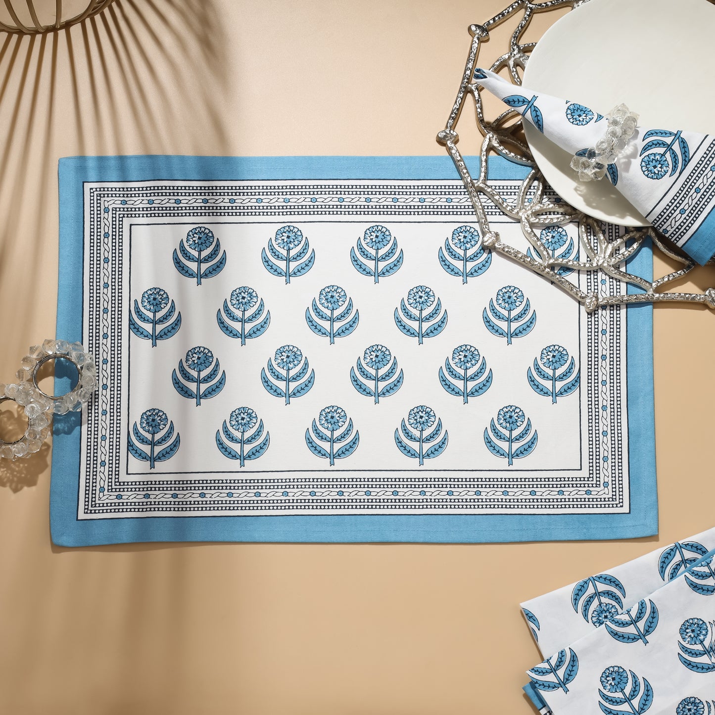 Blue Blooms Block Print Cotton Placemats
