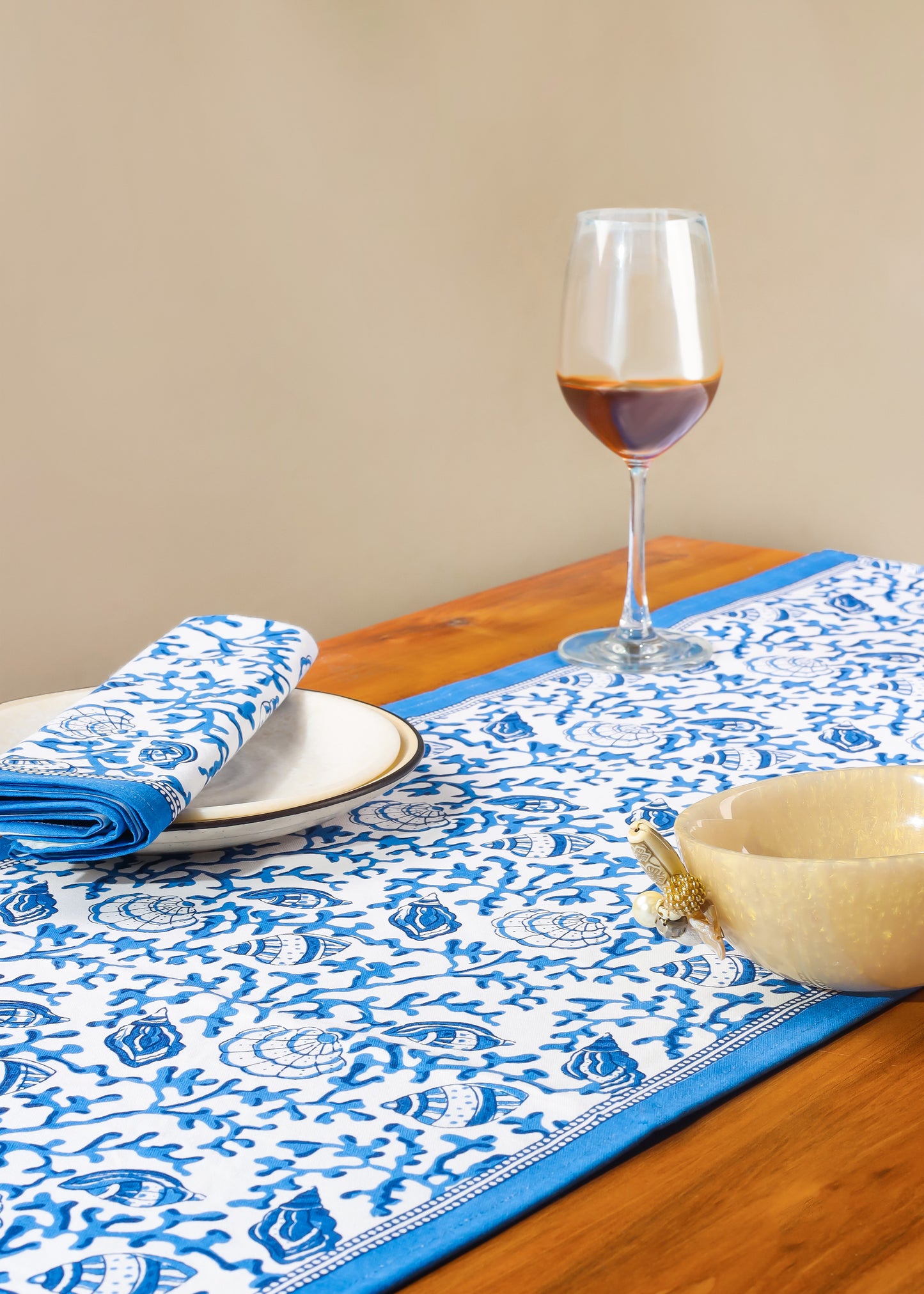Seaside Serenity Block Print Cotton Table Runner
