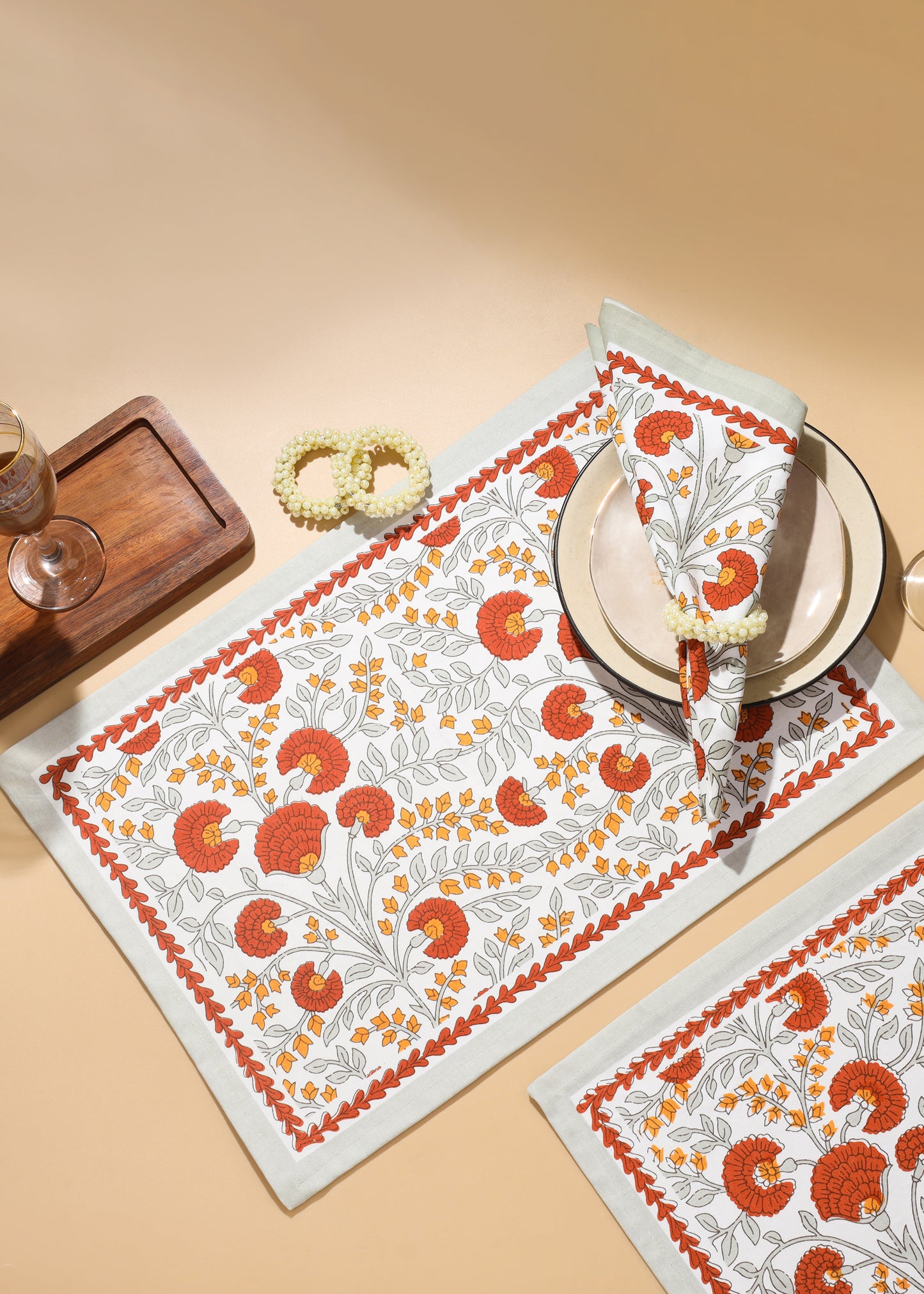 Scarlet & Slate: Floral Block Print Cotton Placemats