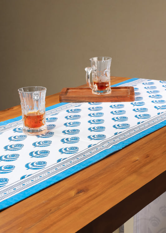Blue Blooms Block Print Cotton Table Runner tiramisuusa