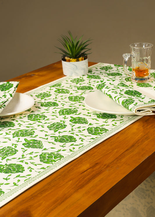 Green Artichoke Bliss Block Print Cotton Table Runner tiramisuusa