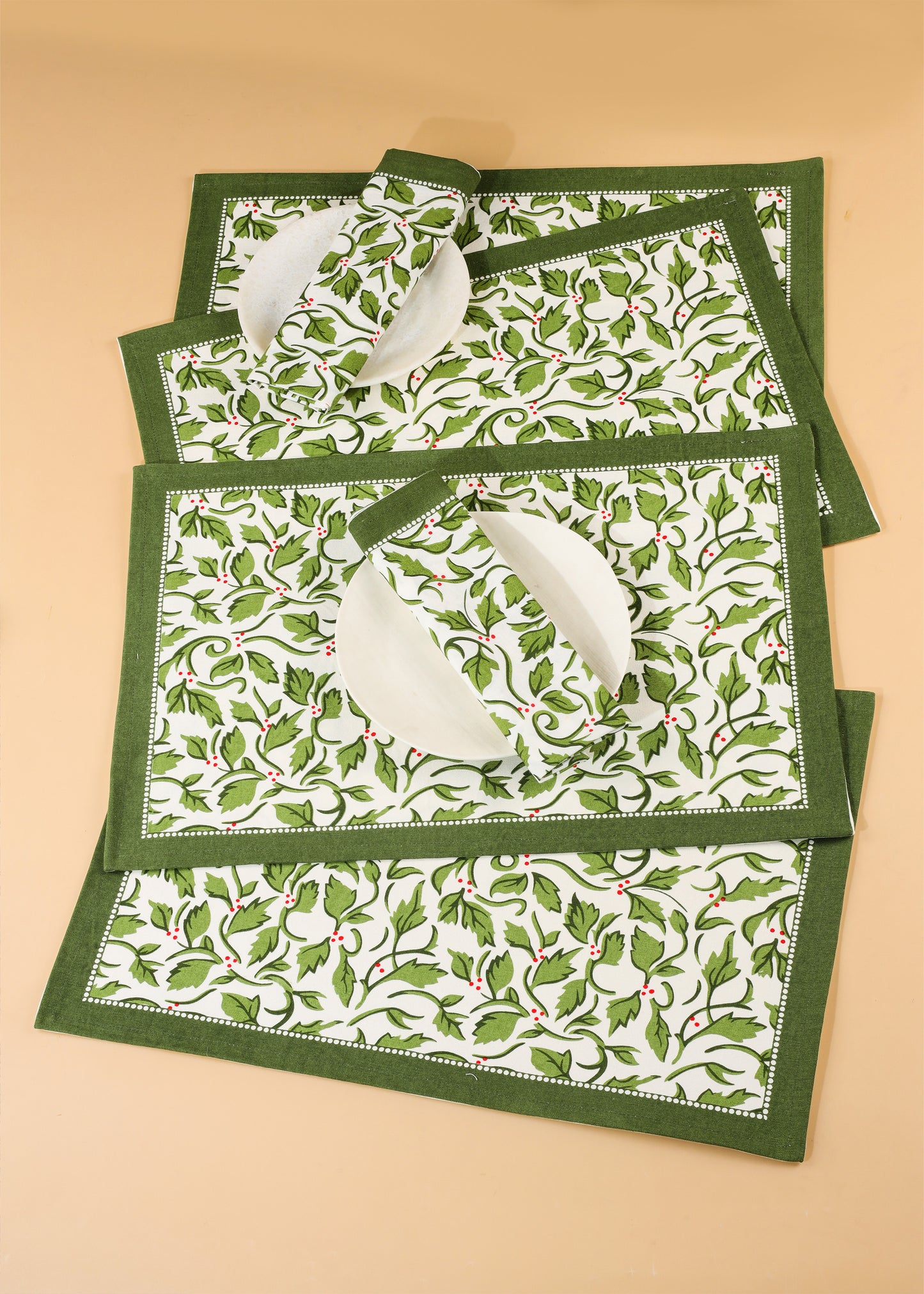 Evergreen Elegance Block Print Cotton Placemats
