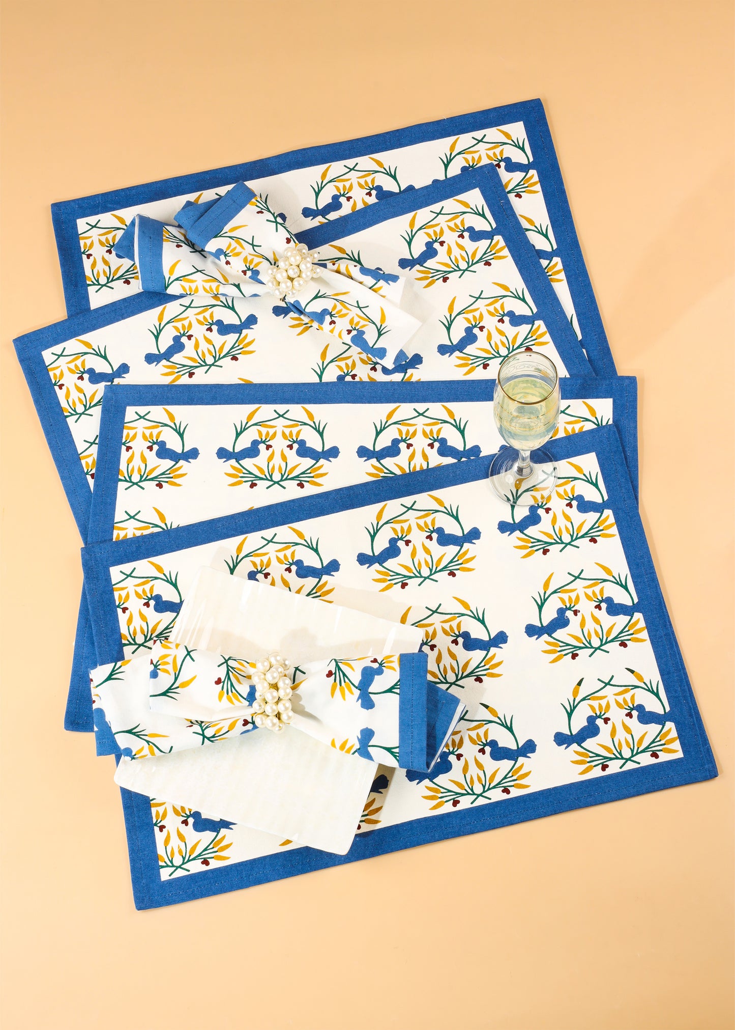 Bluebird Blooms Block Print Cotton Placemats