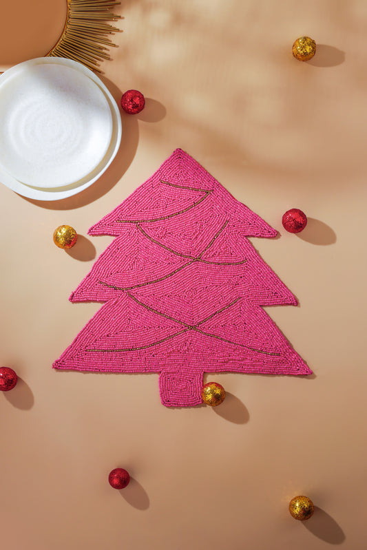 Pink Christmas Tree Beaded Placemat