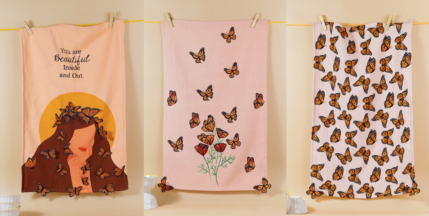 The "Monarch's Garden" Artisan Kitchen Tea Towel Set of 3