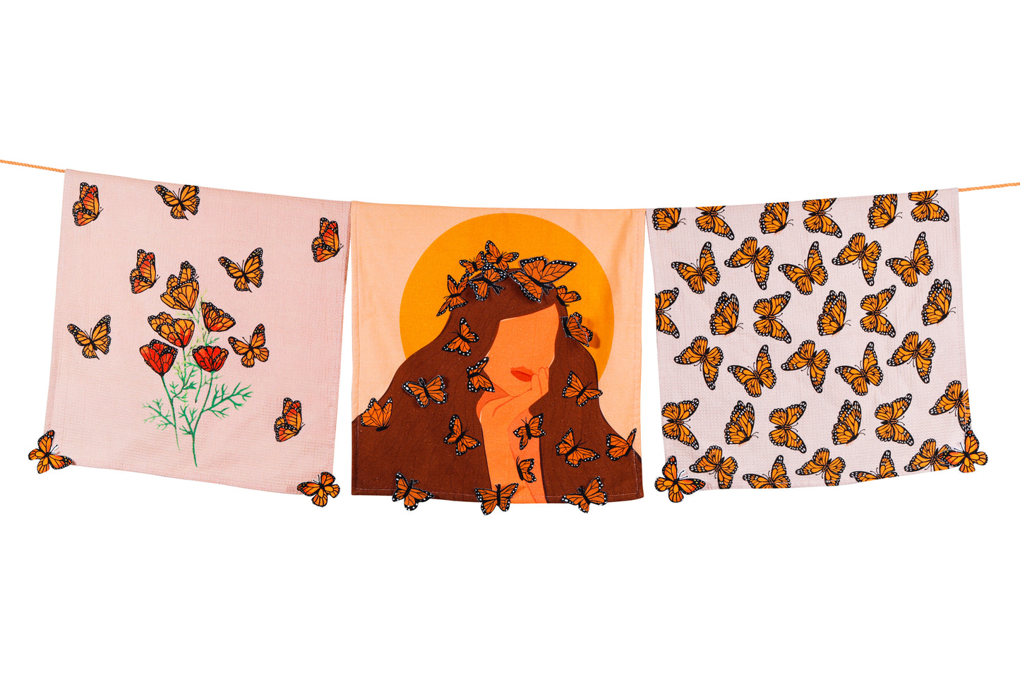 The "Monarch's Garden" Artisan Kitchen Tea Towel Set of 3