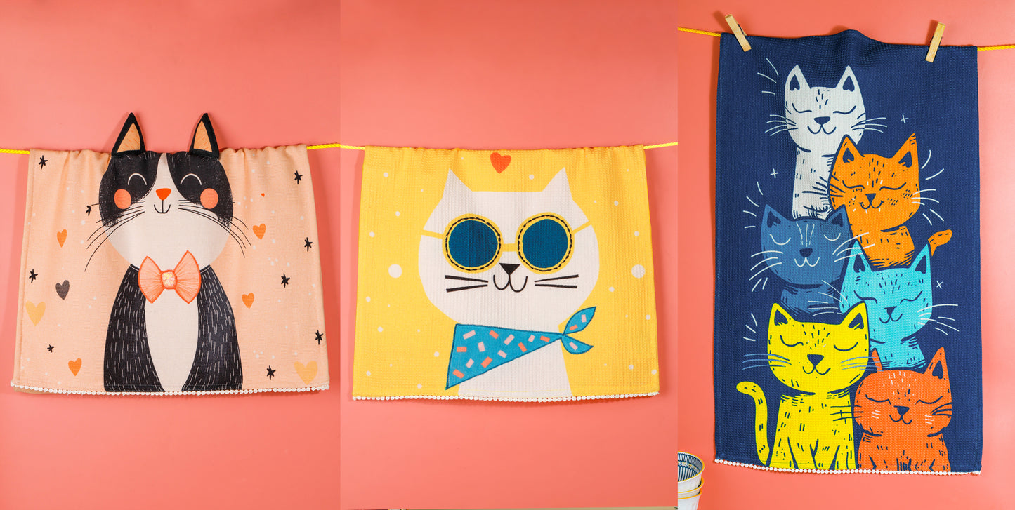 The "Cool Cats" Artisan Kitchen Tea Towel Set of 3