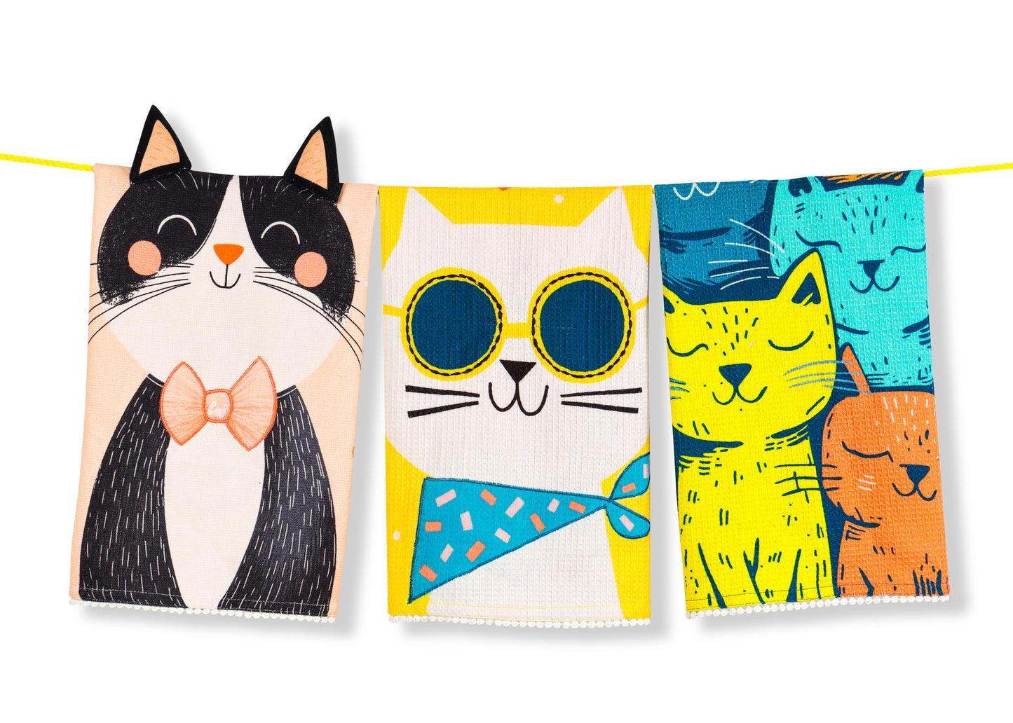 The "Cool Cats" Artisan Kitchen Tea Towel Set of 3