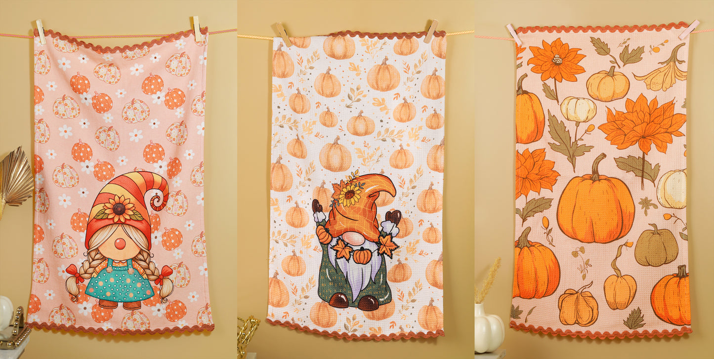 The "Autumn Harvest Gnome" Artisan Kitchen Tea Towel Set of 3
