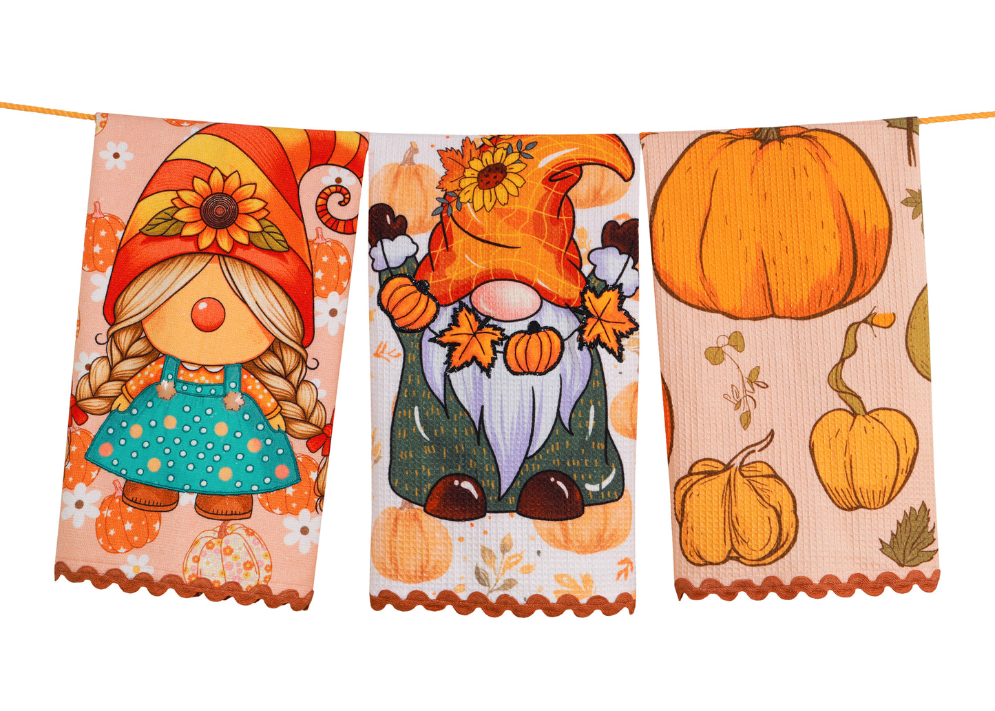 The "Autumn Harvest Gnome" Artisan Kitchen Tea Towel Set of 3