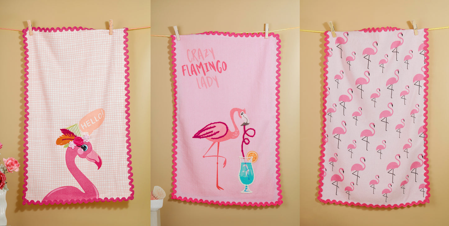 The "Flamingo Fun" Artisan Kitchen Tea Towel Set of 3