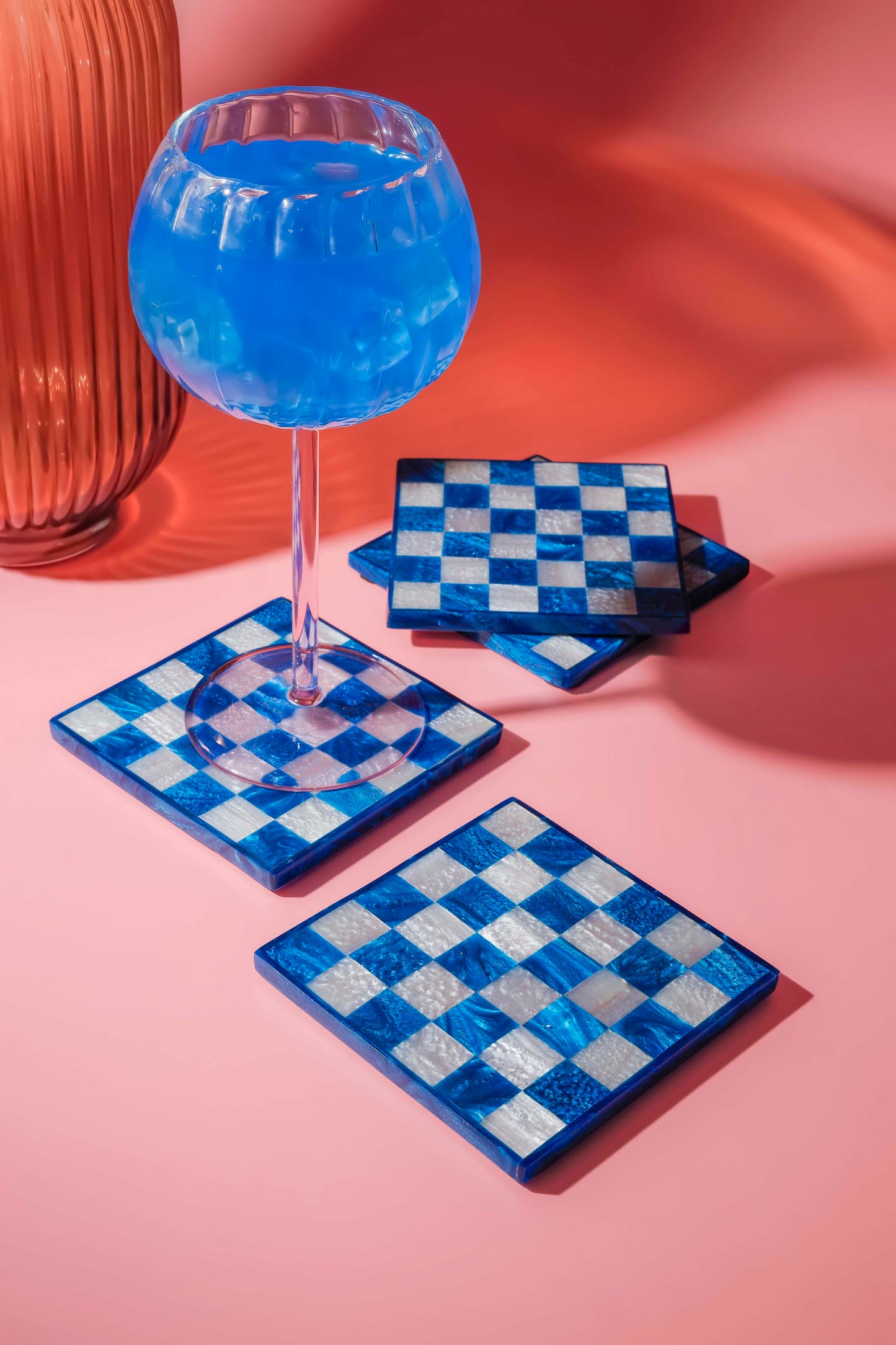 Cobalt Checker Resin Coaster Set
