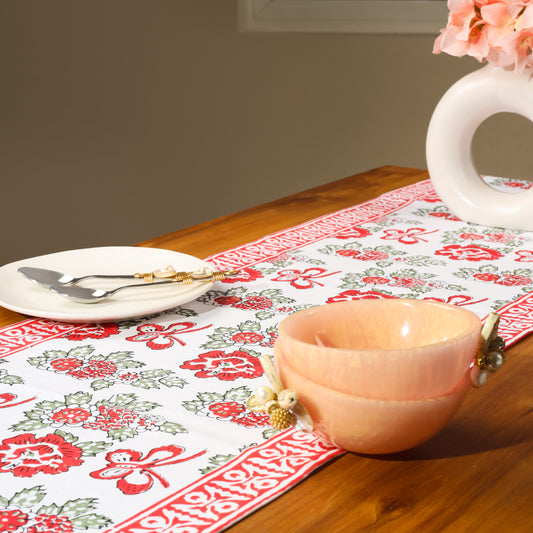 Flutter & Bloom Block Print Cotton Table Runner tiramisuusa