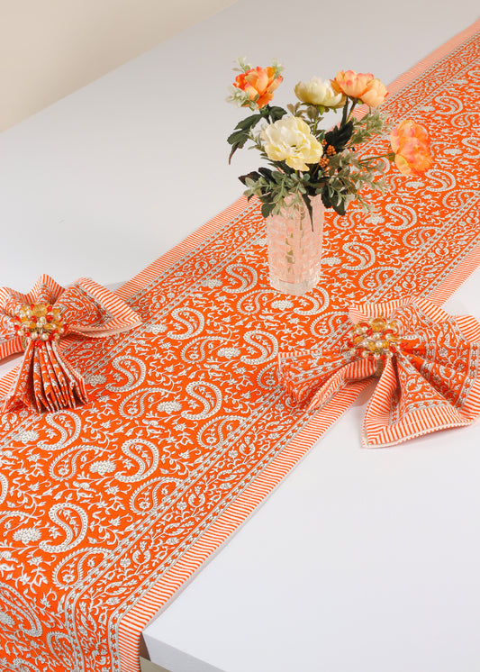 Tangerine Twirl Block Print Cotton Table Runner tiramisuusa