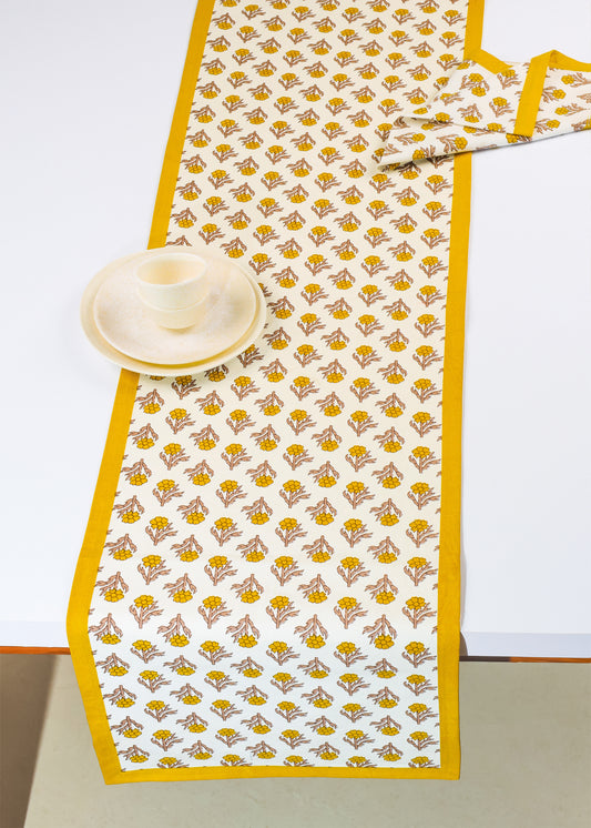 Golden Marigold Block Print Cotton Table Runner tiramisuusa