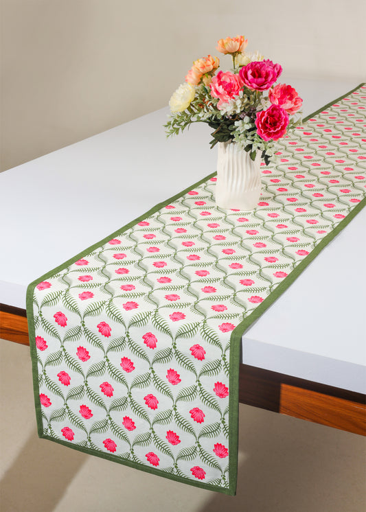 Lotus Garden Block Print Cotton Table Runner tiramisuusa