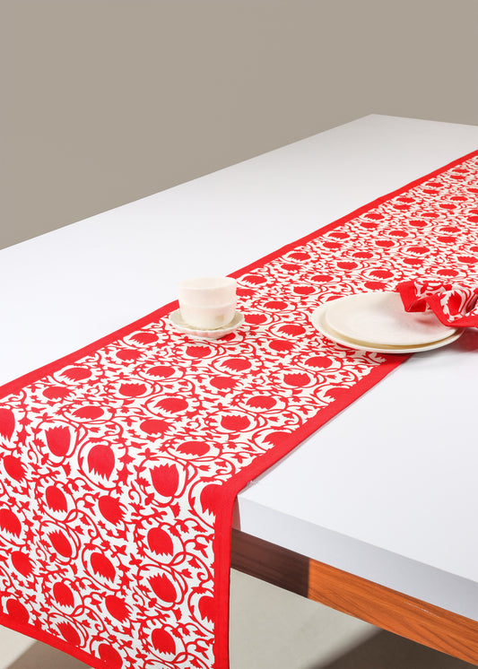 Crimson Bloom Block Print Cotton Table Runner tiramisuusa