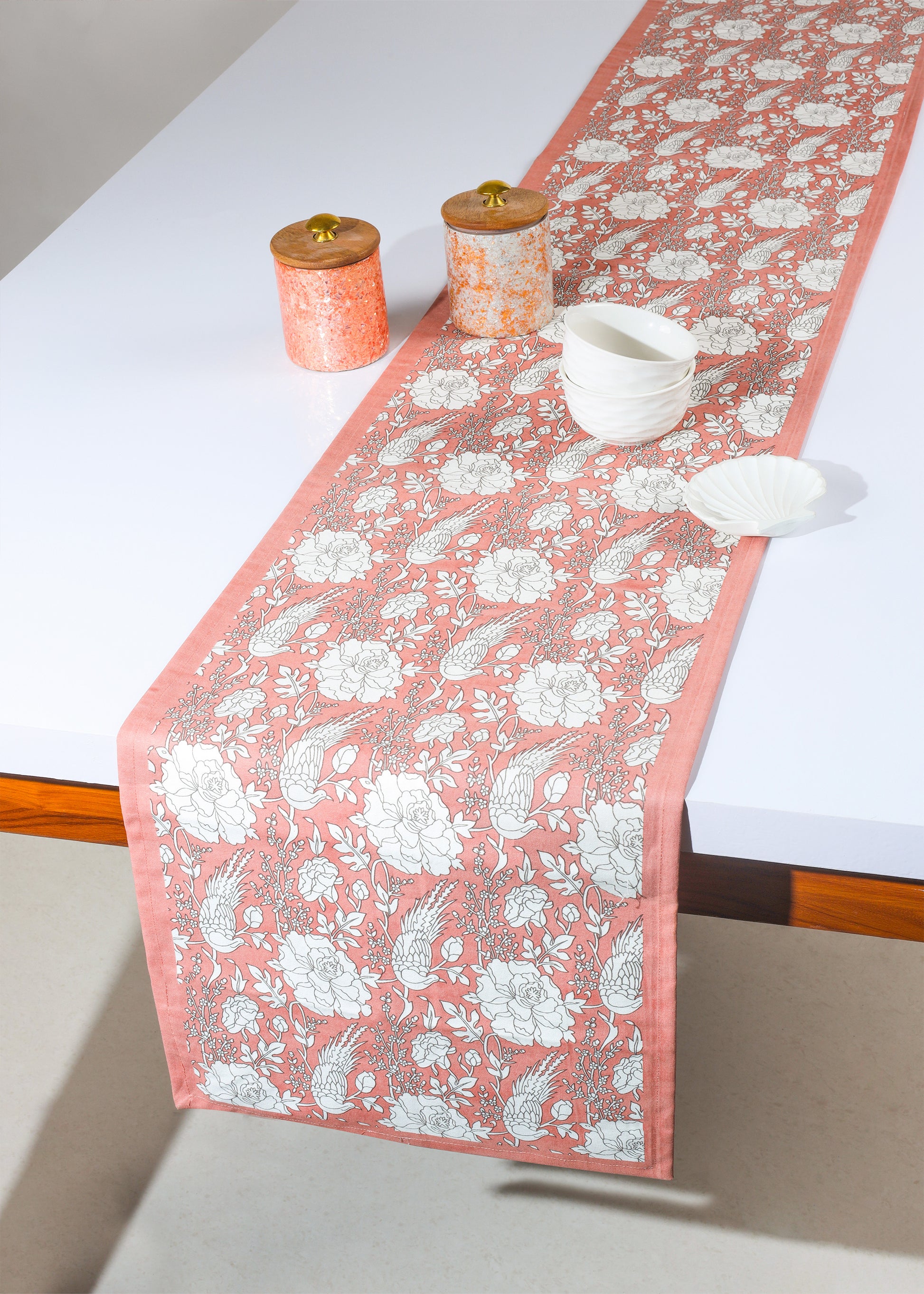 Peach Blossom Block Print Cotton Table Runner tiramisuusa