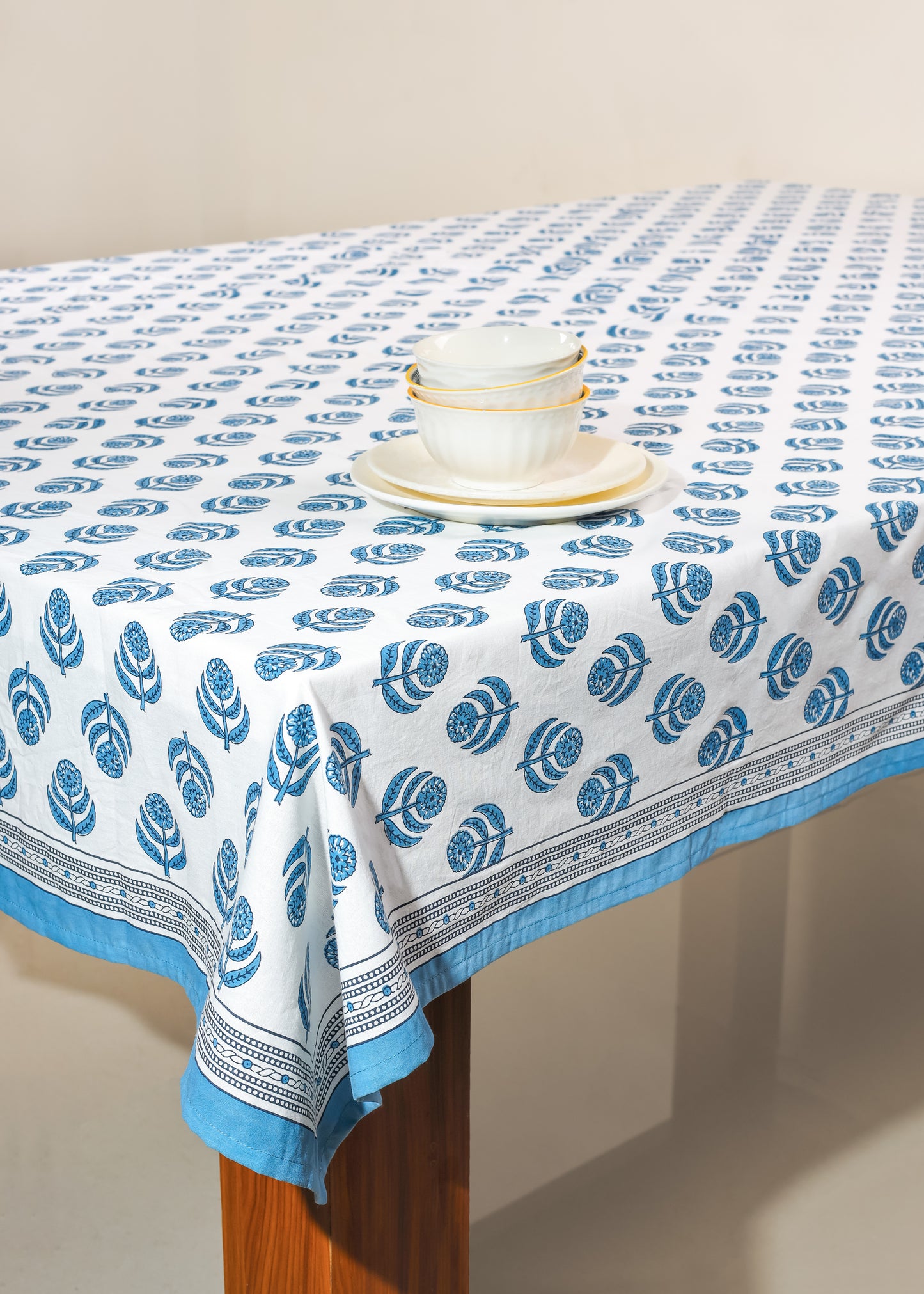 Blue Blooms Block Print Tablecloth