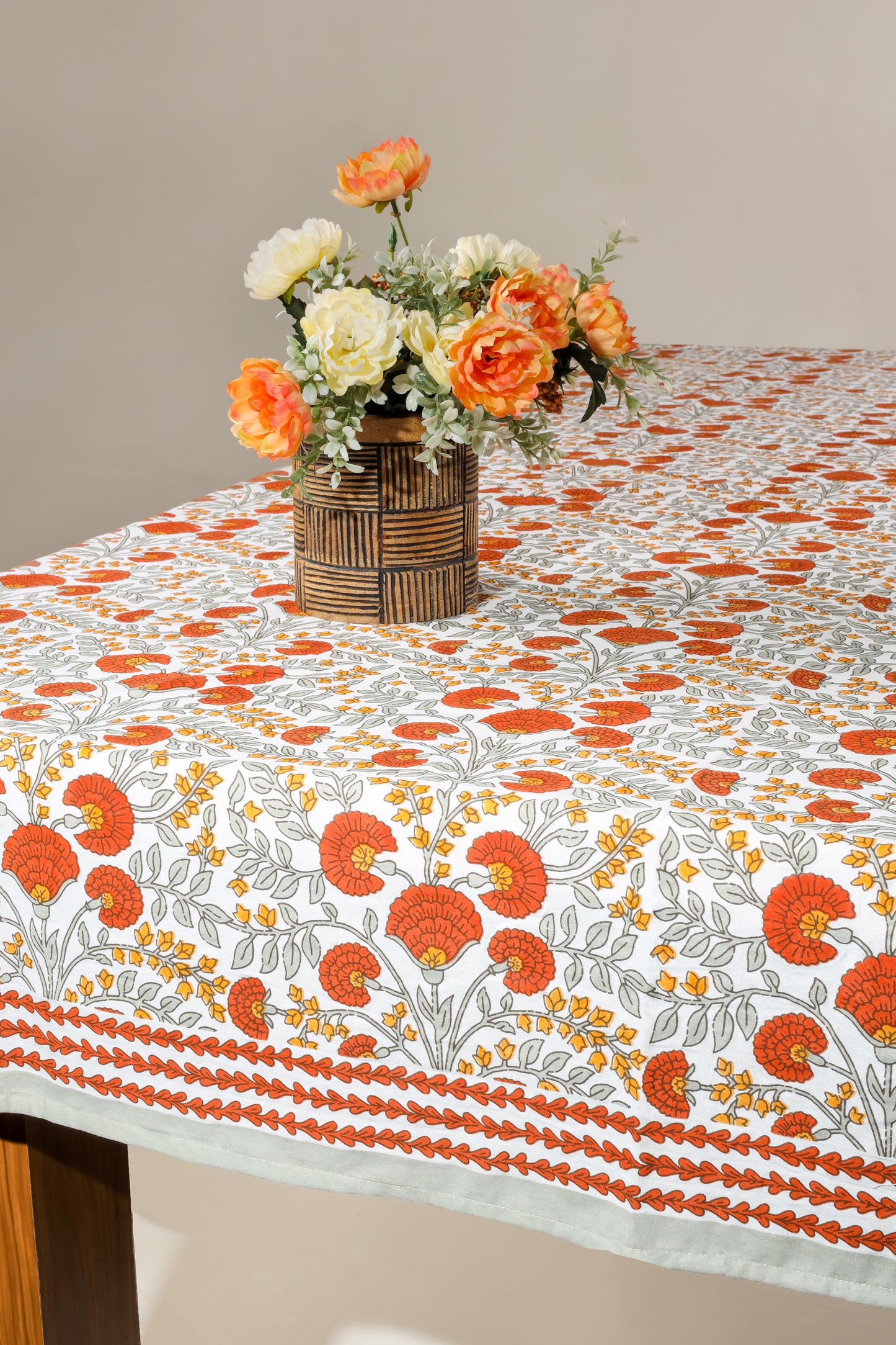 Scarlet & Slate: Floral Block Print Cotton Tablecloth