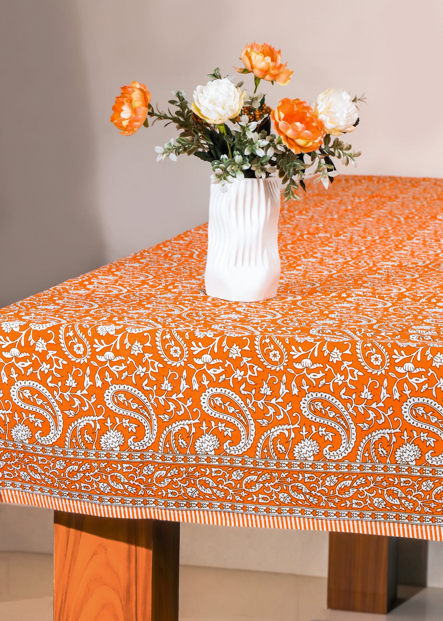 Tangerine Twirl Block Print Cotton TableCloth