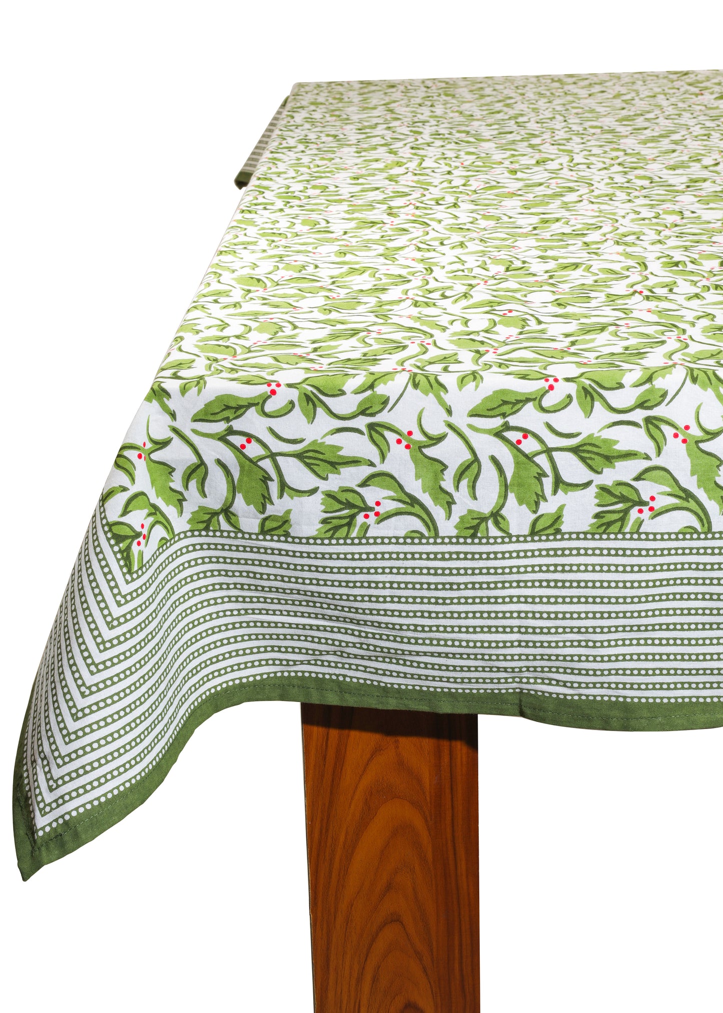Evergreen Elegance Block Print Cotton Tablecloth