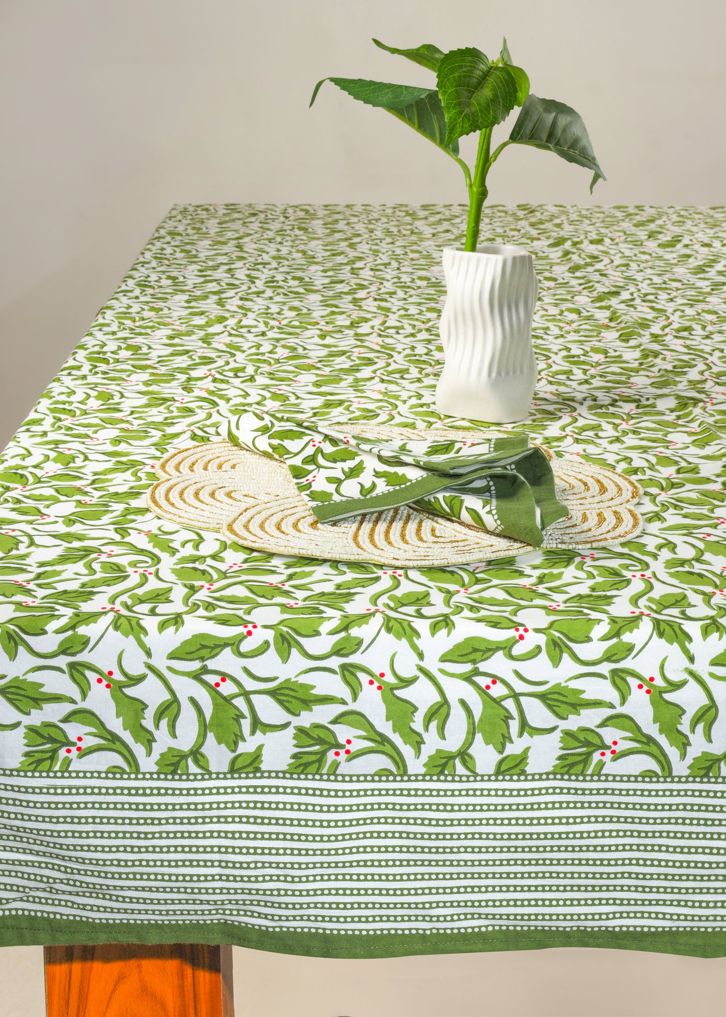 Evergreen Elegance Block Print Cotton Tablecloth