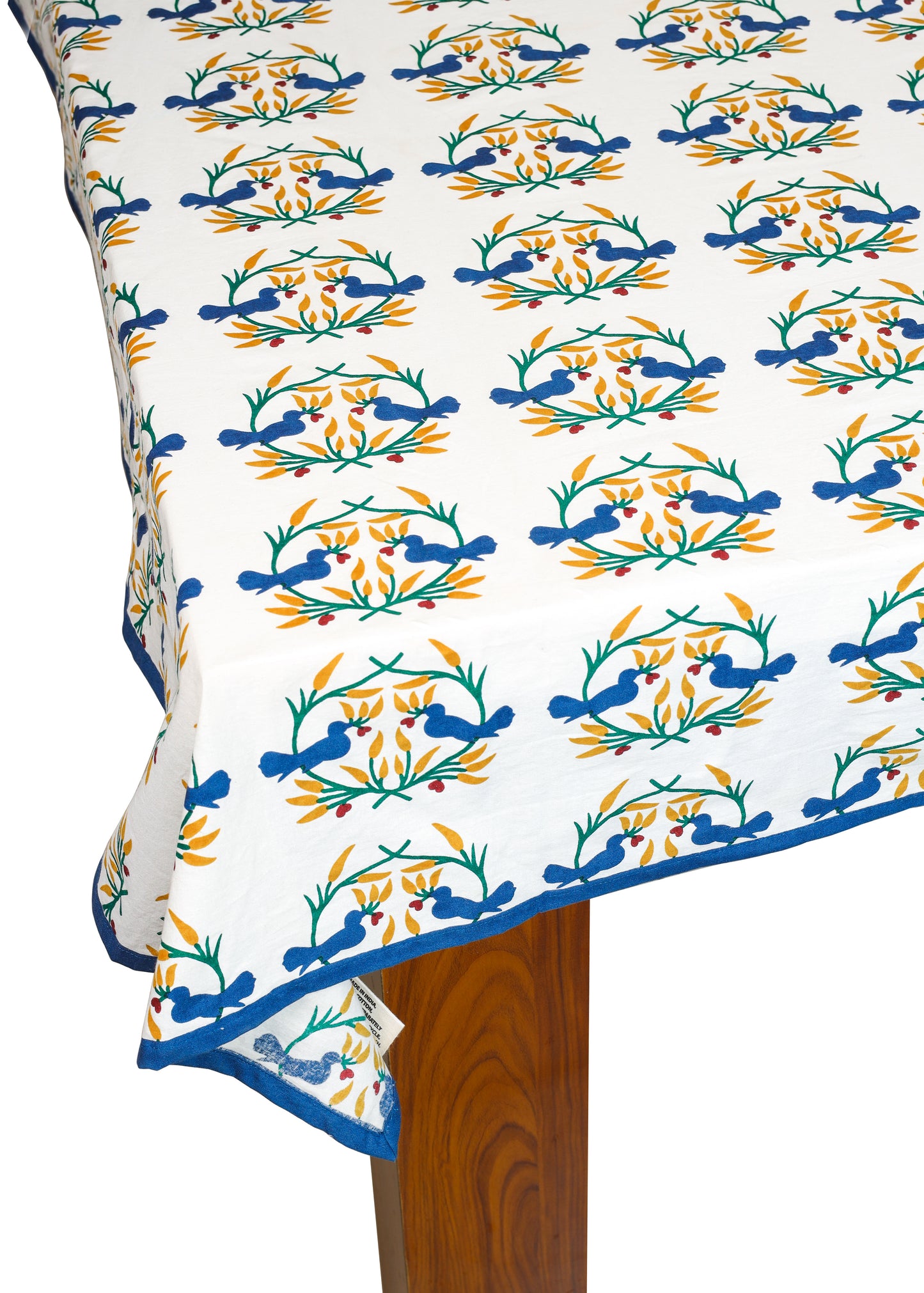 Bluebird Blooms Block Print Cotton Tablecloth