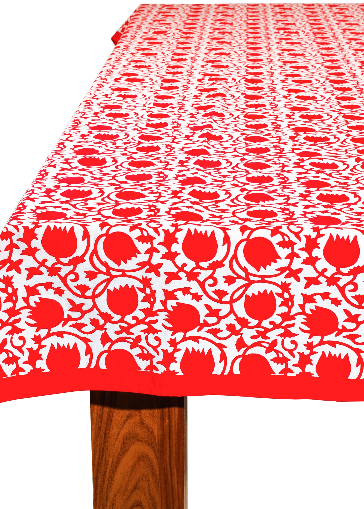 Crimson Bloom Block Print Cotton Tablecloth