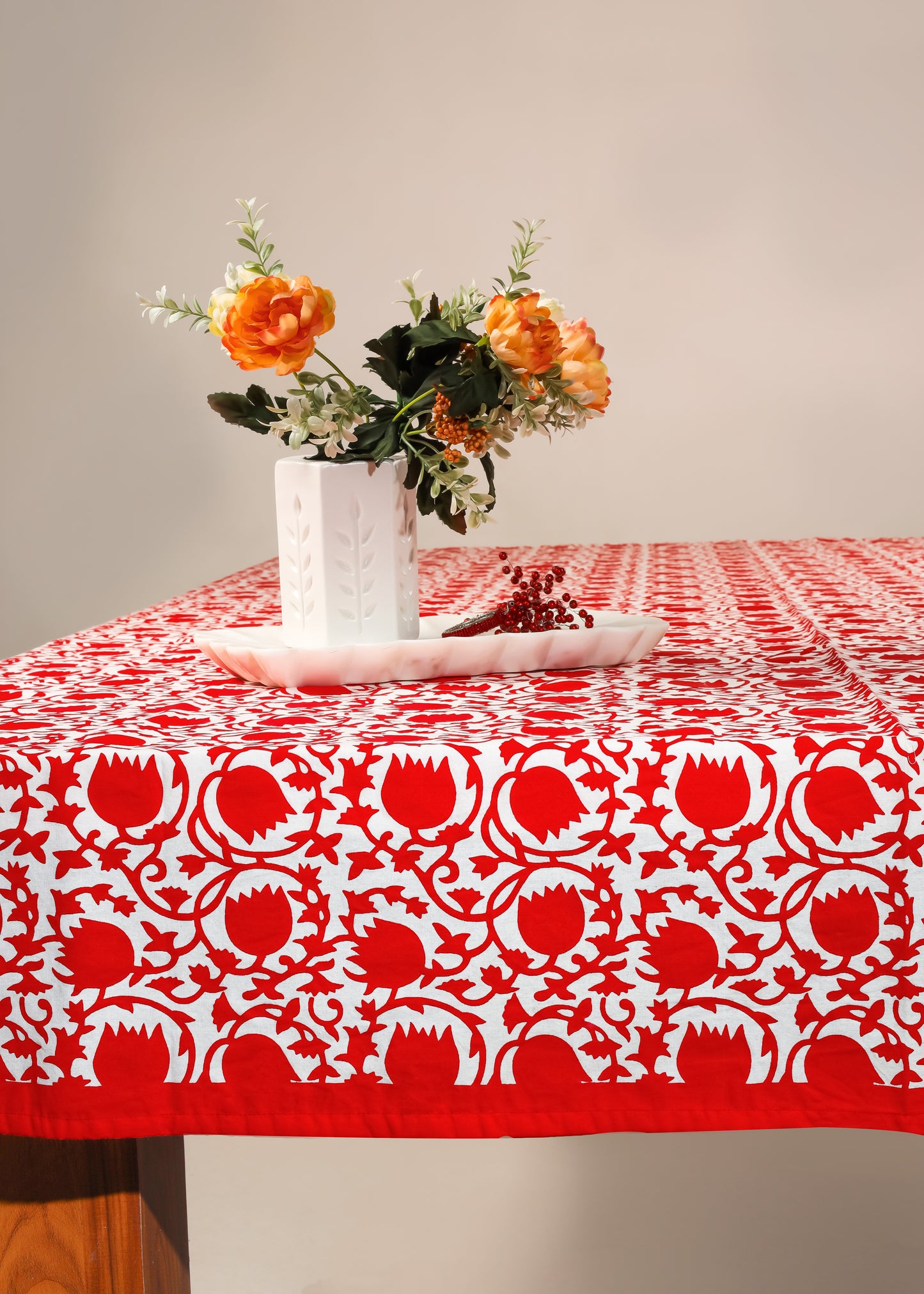 Crimson Bloom Block Print Cotton Tablecloth