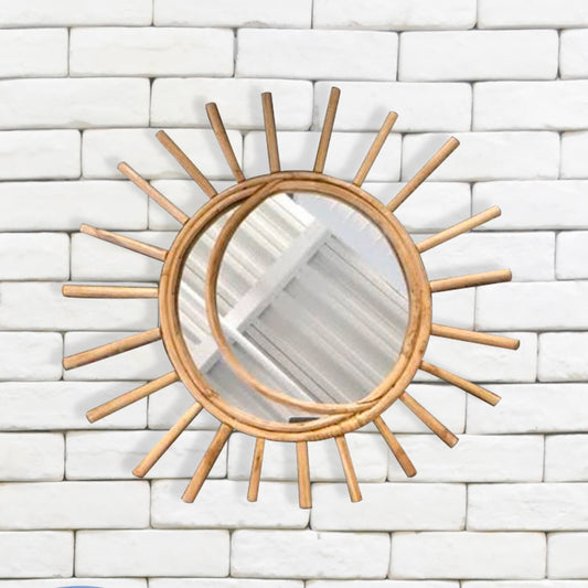 Tiramisu 25" Handmade Boho Sun Shape Rattan Cane Wall Mirror tiramisuusa