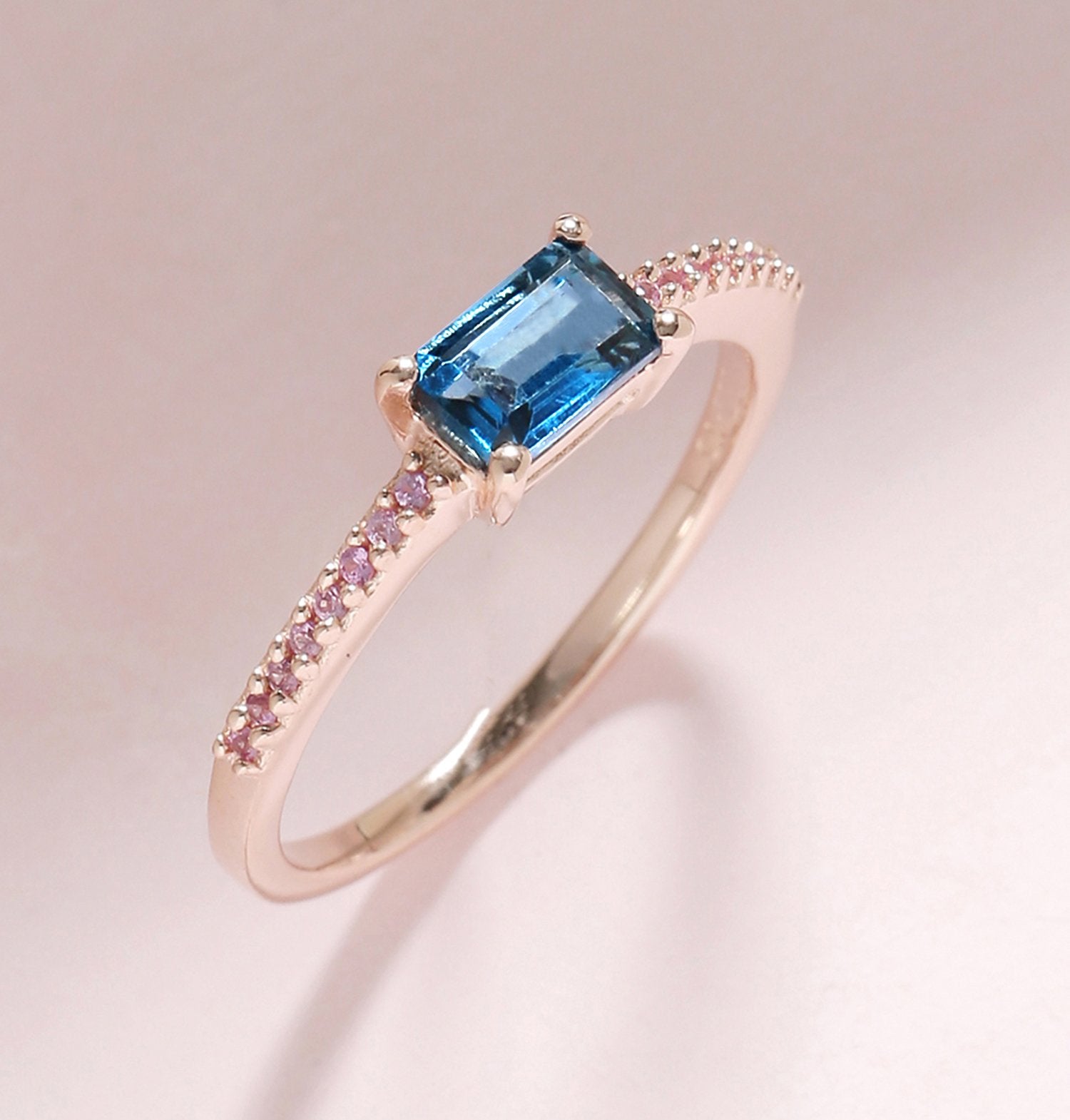Tiramisu 0.92 Ct London Blue Topaz Pink Sapphire Solid 10k Rose Gold Ring tiramisu