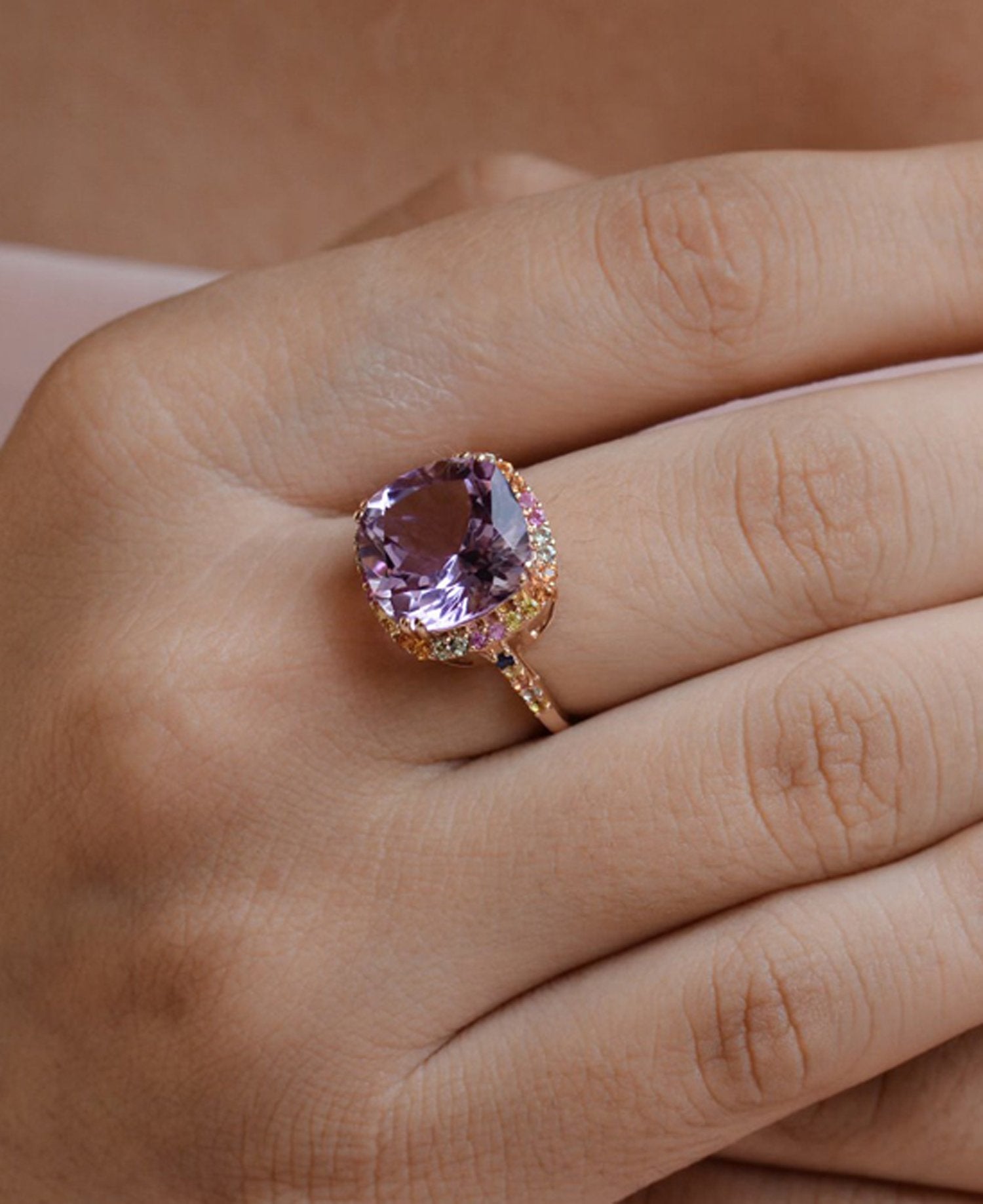 Tiramisu Solid 14k Rose Gold Pink Amethyst Ring 6.98 ct tiramisu