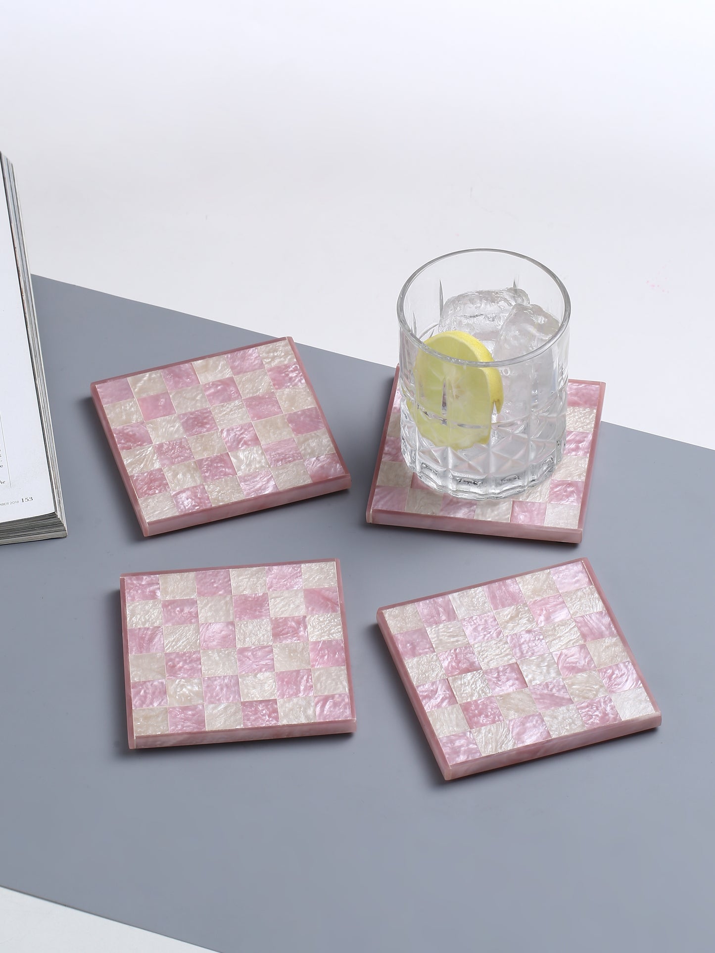 Pink Chequered Resin Coaster Set of 4
