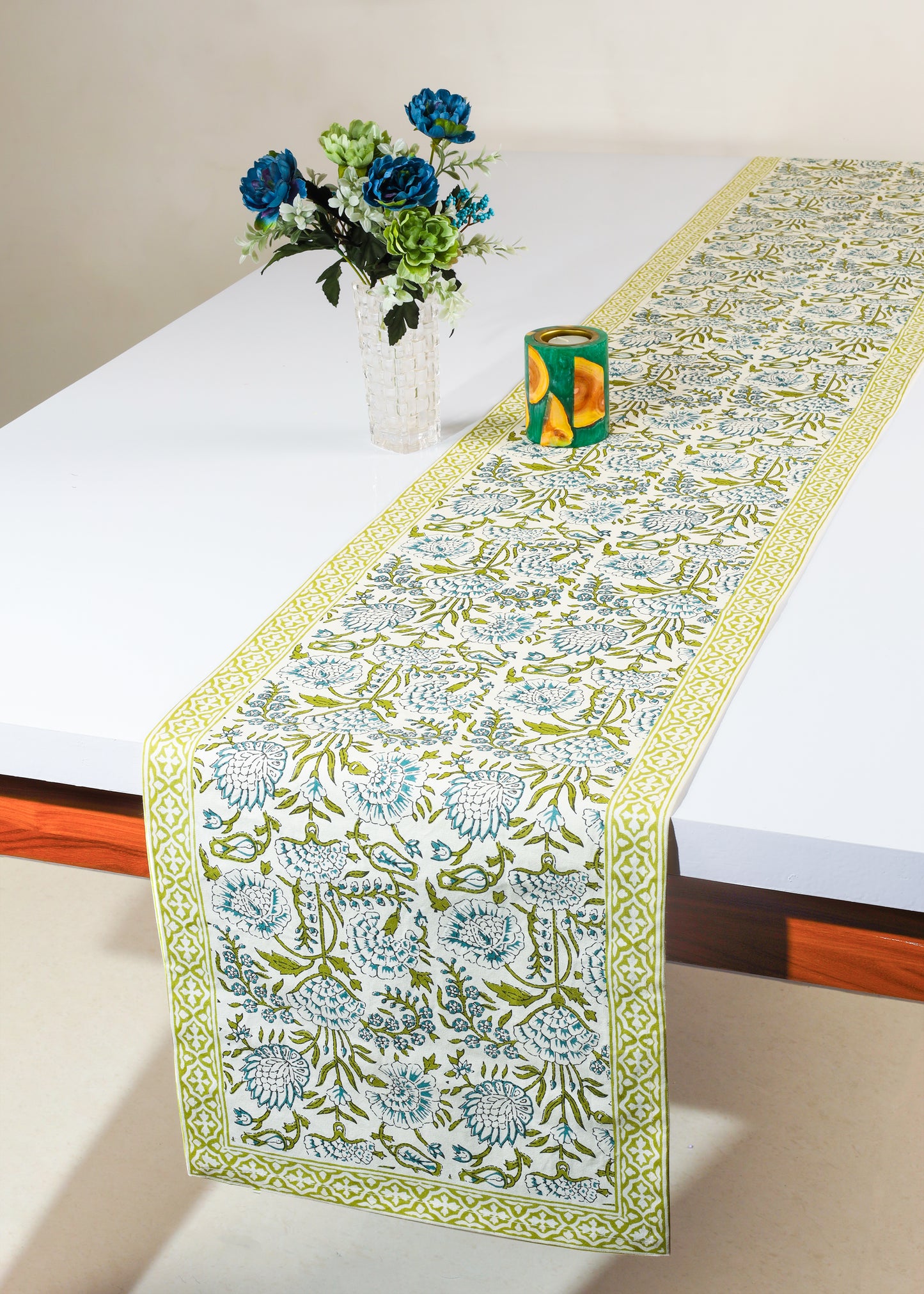 Fresh Foliage Block Print Cotton Table Runner