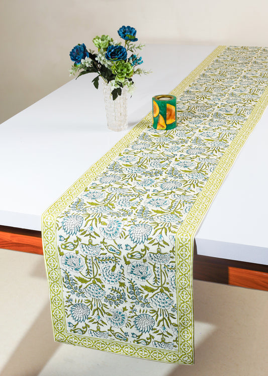 Fresh Foliage Block Print Cotton Table Runner