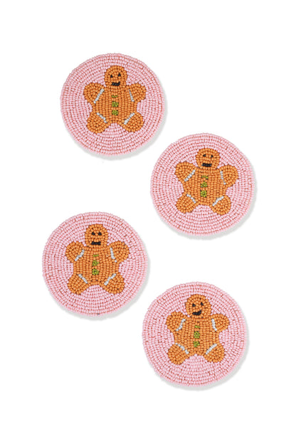 Pink Gingerbread Man Beaded Coaster Set