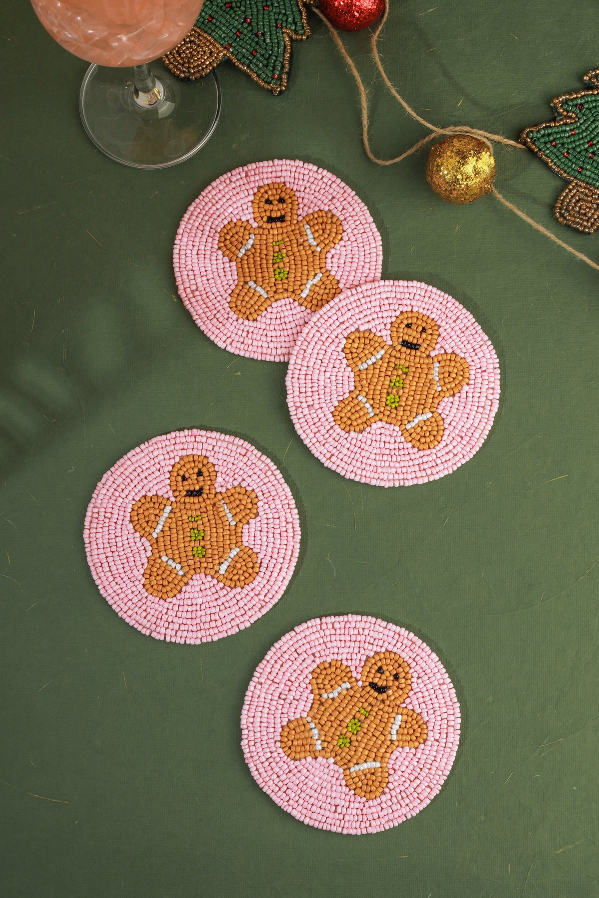 Pink Gingerbread Man Beaded Coaster Set