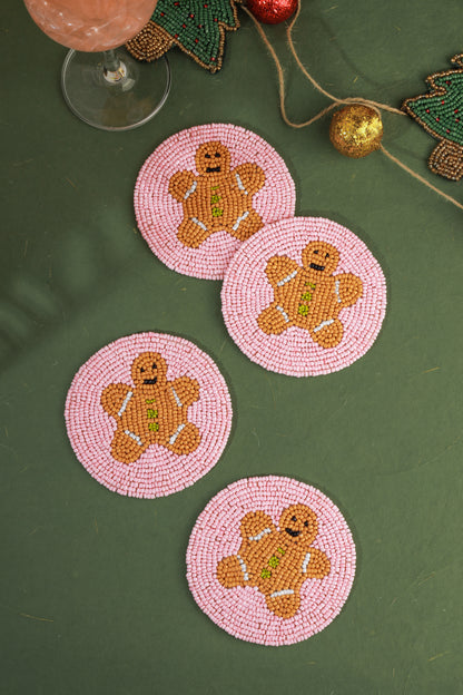 Pink Gingerbread Man Beaded Coaster Set
